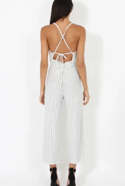 Rebellious Fashion White Pinstripe Plunge Culotte Jumpsuit - Francine