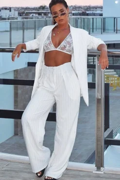 Rebellious Fashion White Pinstripe Ruched Sleeve Blazer - Romelia