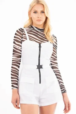 Rebellious Fashion White Plunge Belted Waist Sleeveless Playsuit - Kerstyn