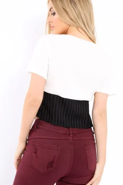 Rebellious Fashion White Plunge Black Corset Lace Front Crop Top - Brinklee