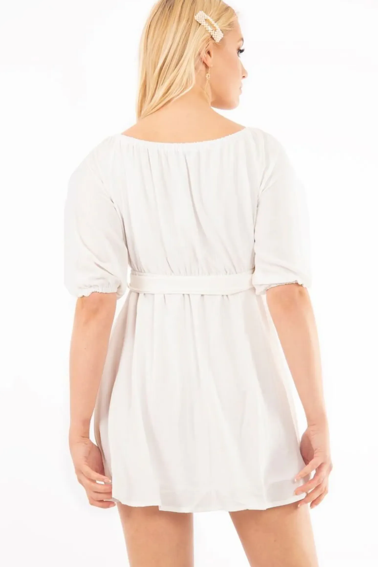 Rebellious Fashion White Plunge Crepe Belted Dress - Baily