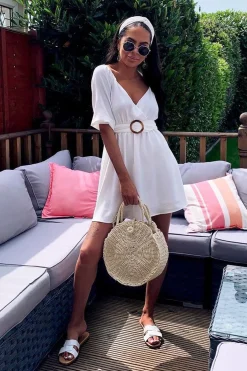 Rebellious Fashion White Plunge Crepe Belted Dress - Baily