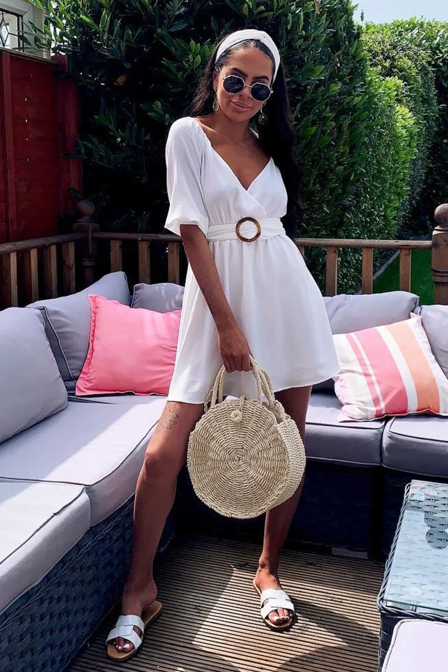 Rebellious Fashion White Plunge Crepe Belted Dress - Baily