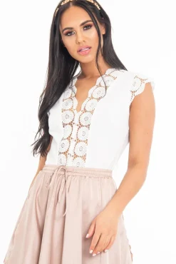 Rebellious Fashion White Plunge Crochet Insert Cap Sleeve Bodysuit - Zahida