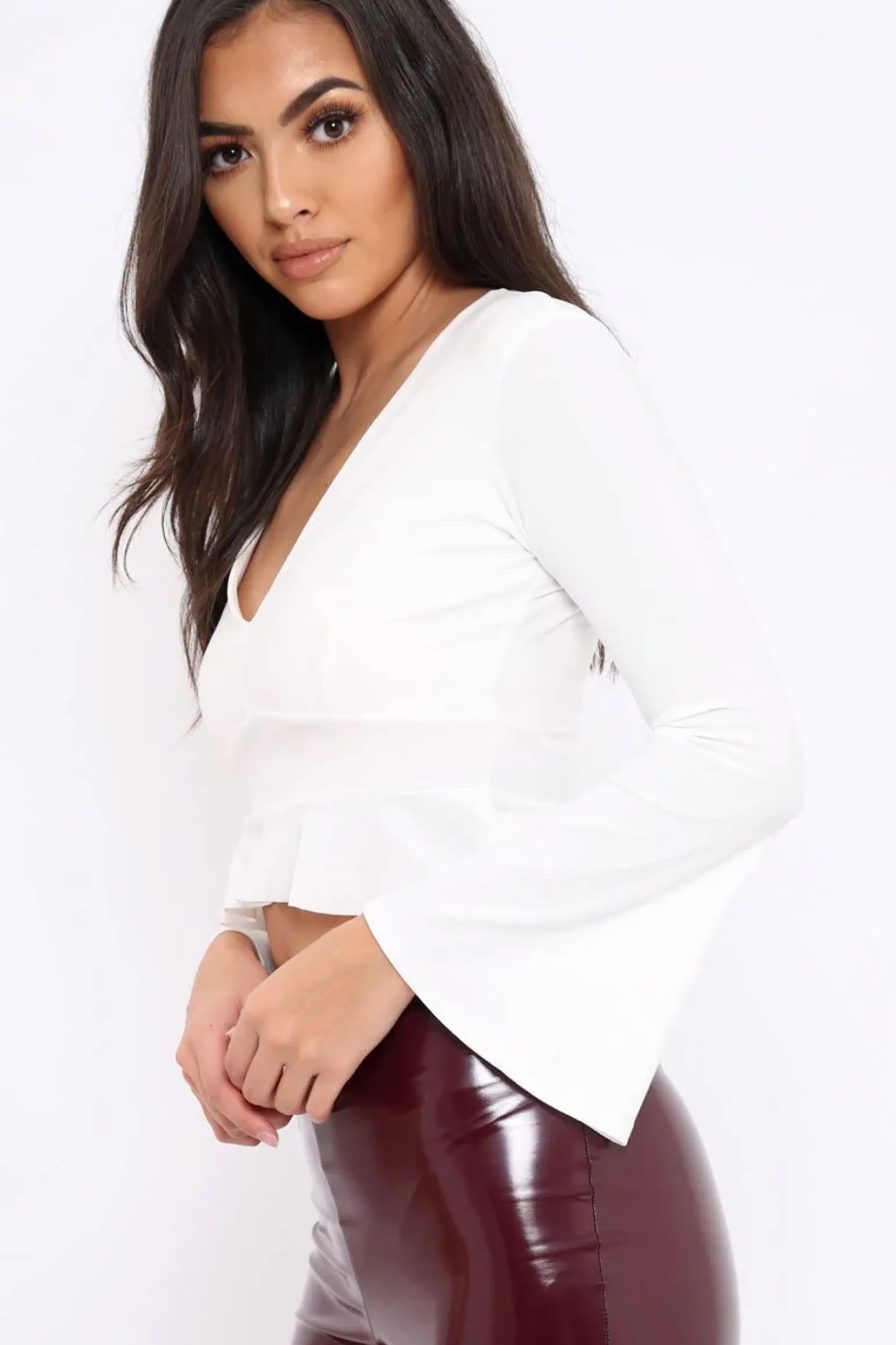 Rebellious Fashion White Plunge Flare Sleeve Crop Top with Frill Hem - Masie