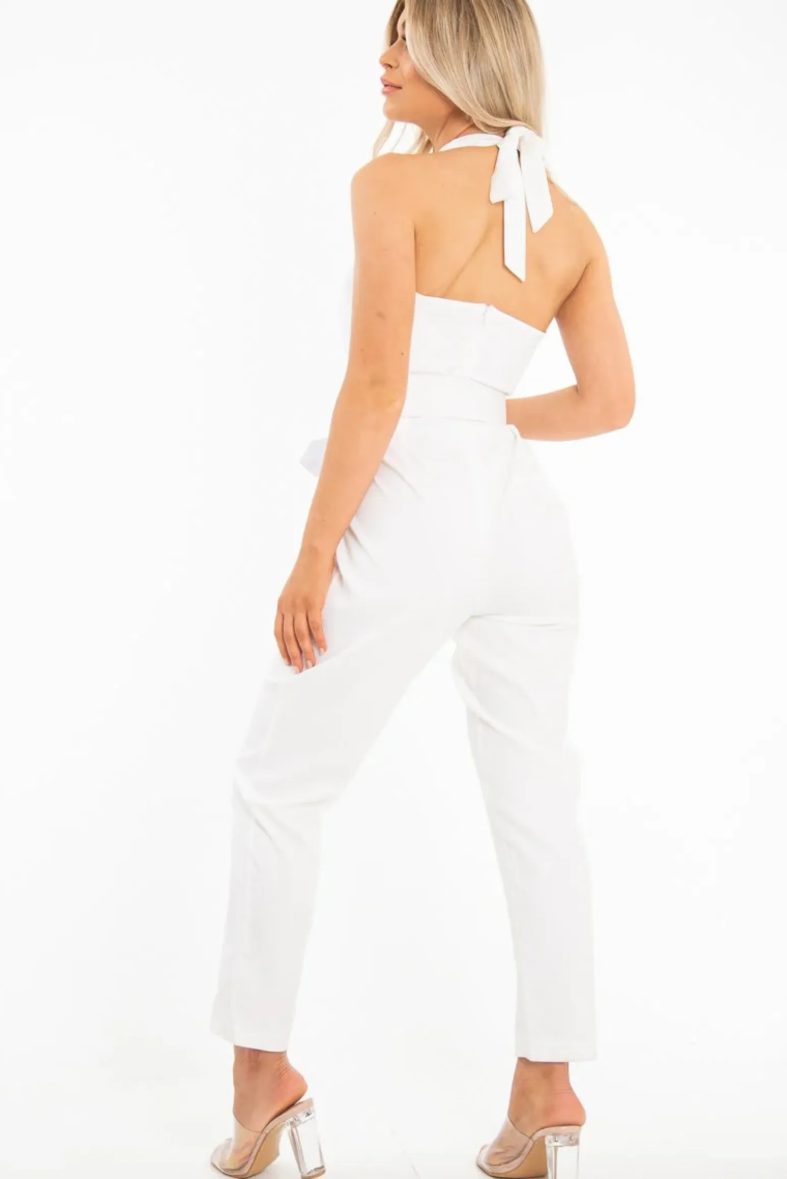 Rebellious Fashion White Plunge Front Belted Jumpsuit - Mykel