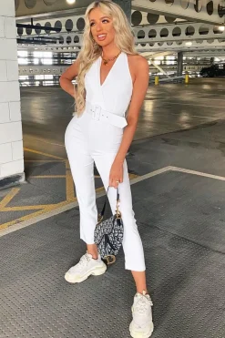 Rebellious Fashion White Plunge Front Belted Jumpsuit - Mykel