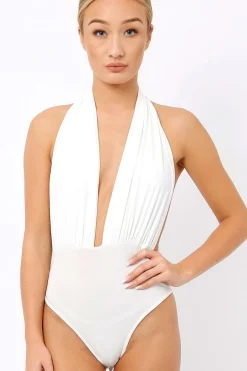 Rebellious Fashion White plunge Halterneck Bodysuit - Lona