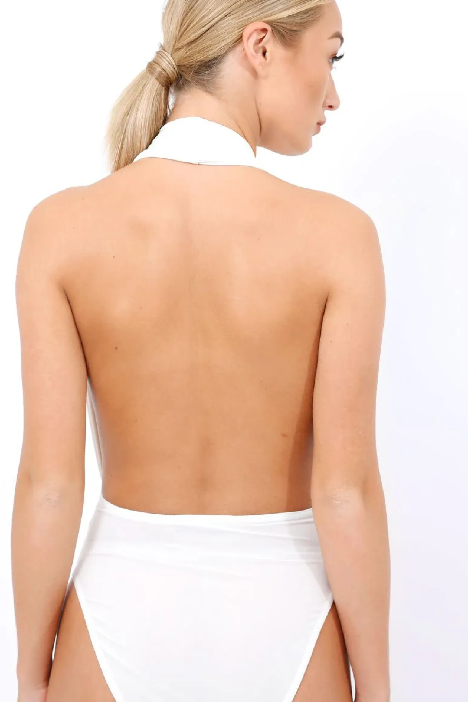Rebellious Fashion White plunge Halterneck Bodysuit - Lona