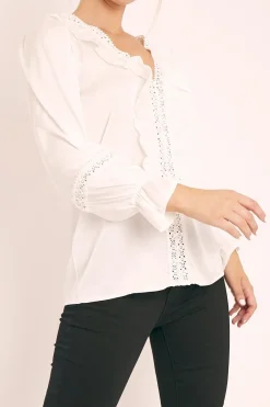 Rebellious Fashion White Plunge Lace Neckline Blouse - Harleigh