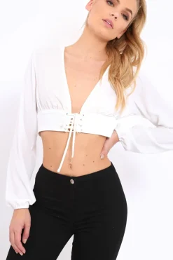 Rebellious Fashion White Plunge Lace Up Crop Top - Wyona