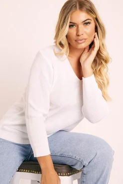 Rebellious Fashion White Plunge Neck Knit Jumper - Halie