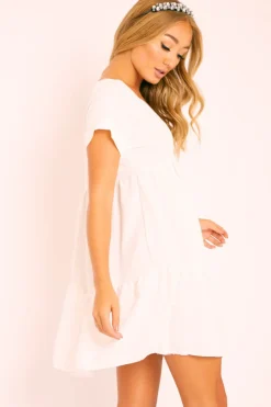 Rebellious Fashion White Plunge Neckline Tiered Dress - Caralyn
