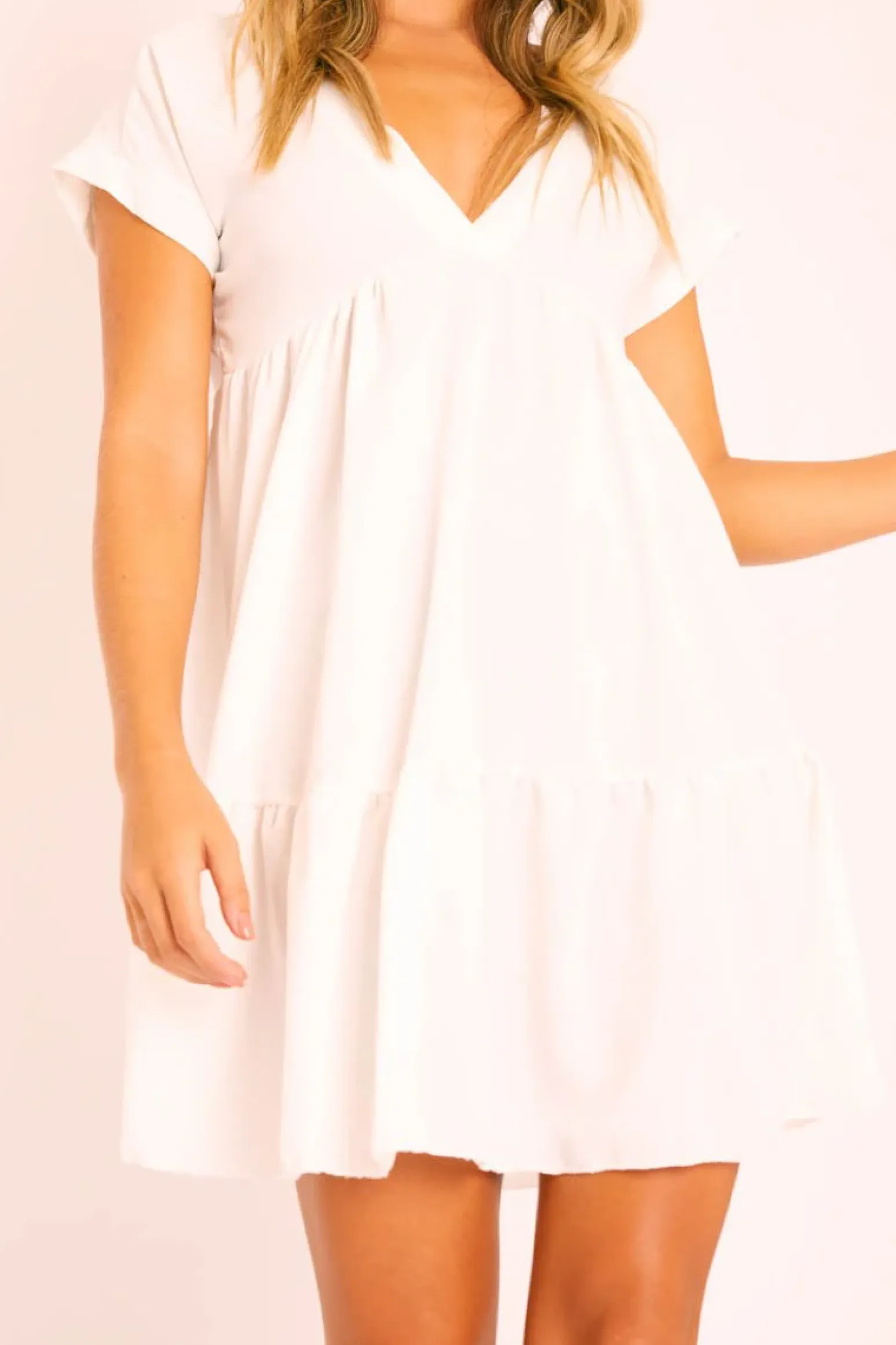 Rebellious Fashion White Plunge Neckline Tiered Dress - Caralyn