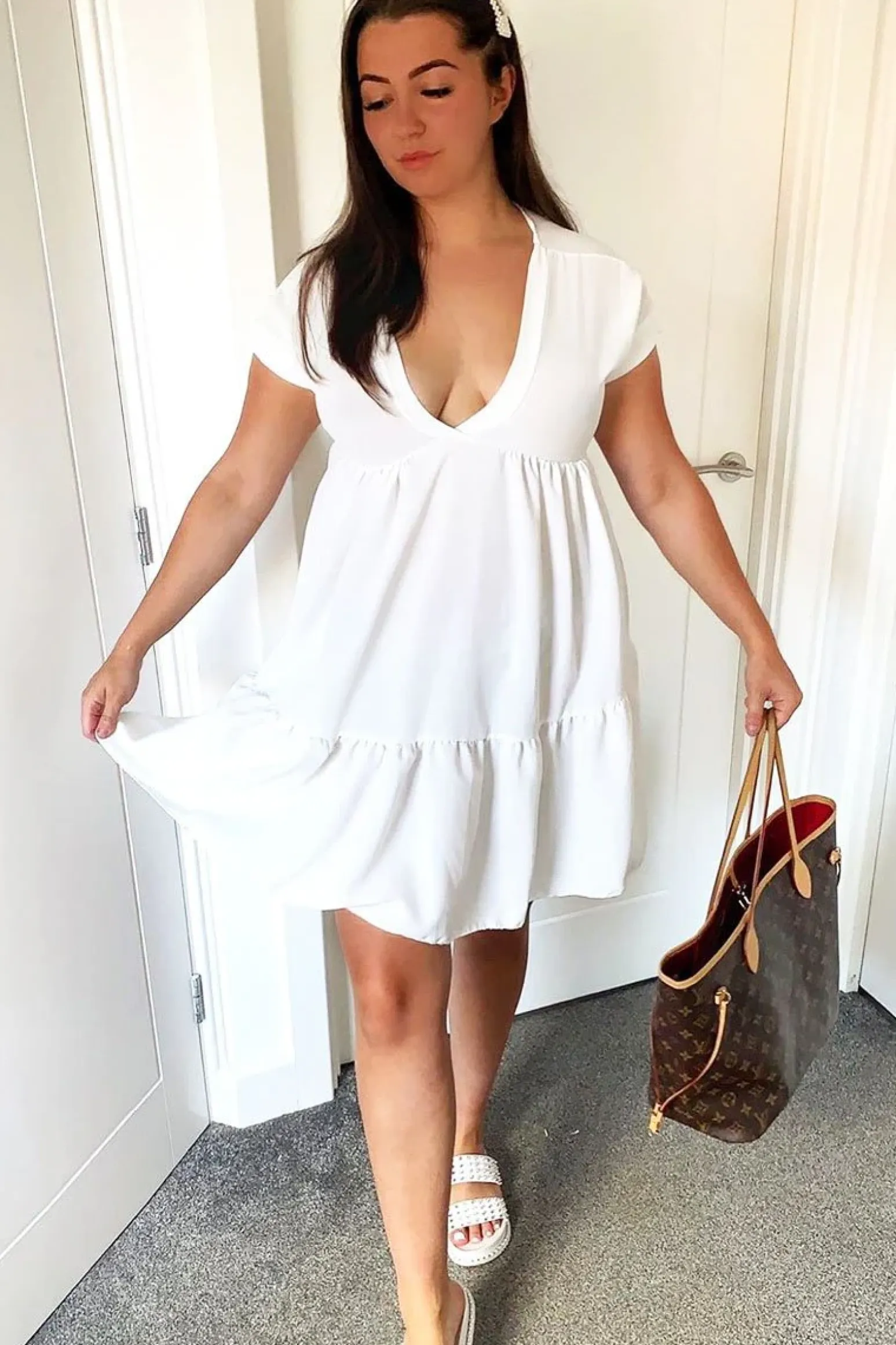 Rebellious Fashion White Plunge Neckline Tiered Dress - Caralyn
