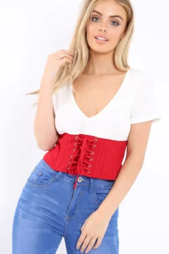Rebellious Fashion White Plunge Red Corset Lace Front Crop Top - Brinklee