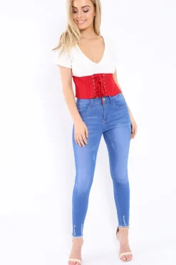 Rebellious Fashion White Plunge Red Corset Lace Front Crop Top - Brinklee