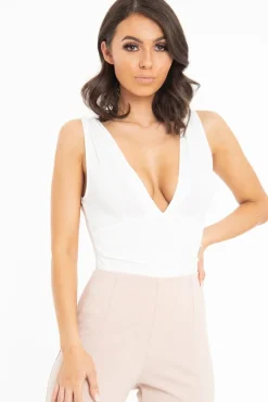 Rebellious Fashion White Plunge Ruched Bodysuit - Sookie