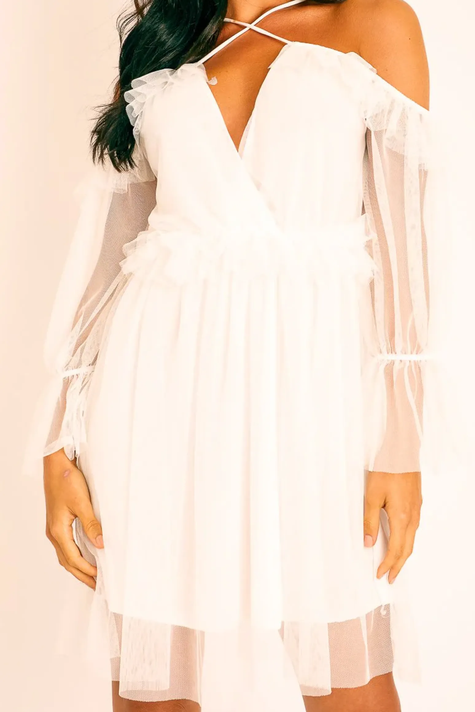 Rebellious Fashion White Plunge Tulle Ruffle Cross Back Dress - Aerial