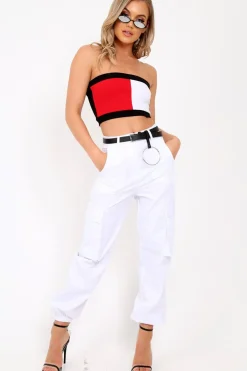 Rebellious Fashion White Pocket High Waist Cargo Cuffed Trousers - Galya