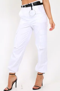 Rebellious Fashion White Pocket High Waist Cargo Cuffed Trousers - Galya