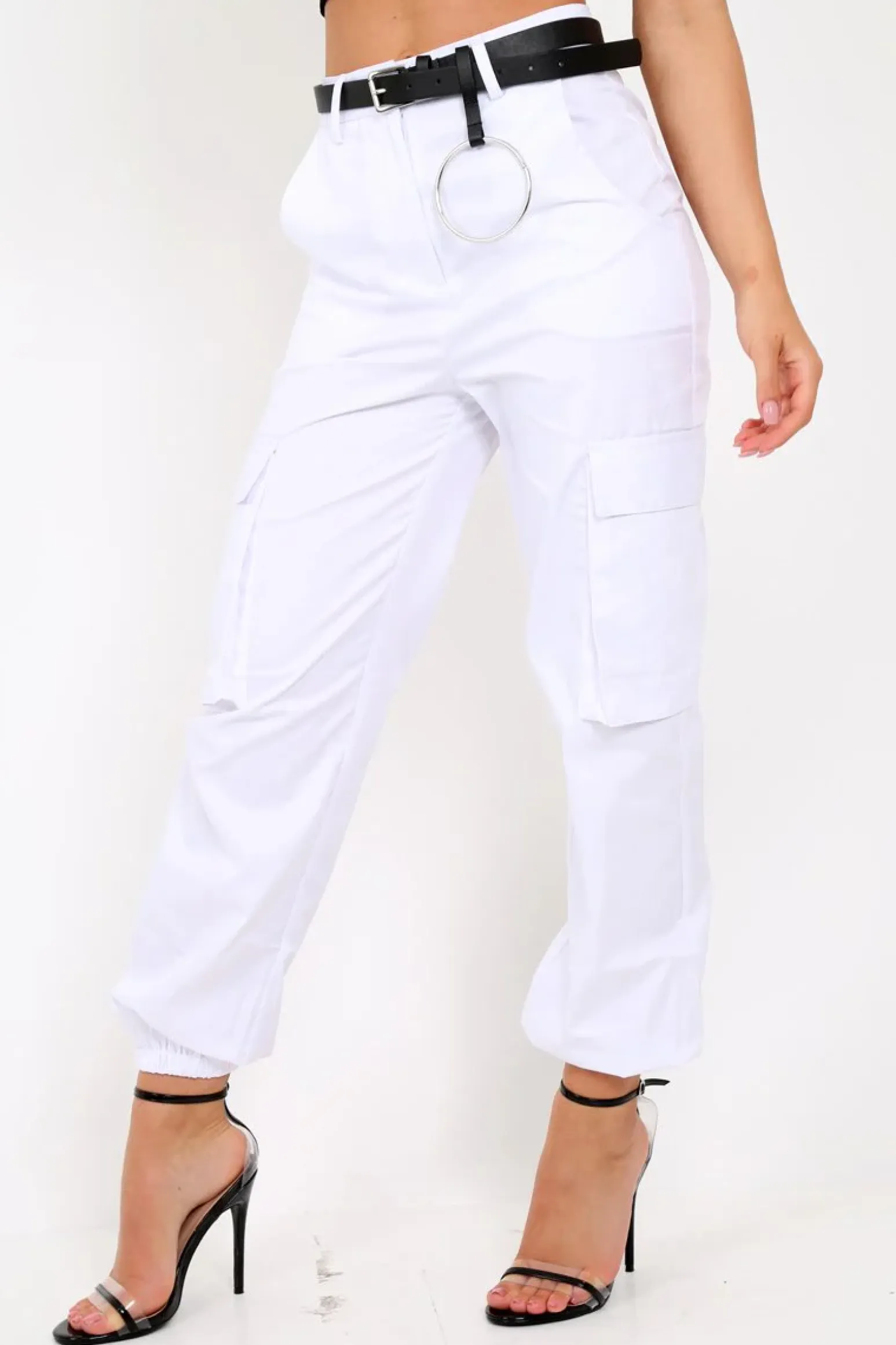 Rebellious Fashion White Pocket High Waist Cargo Cuffed Trousers - Galya