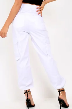 Rebellious Fashion White Pocket High Waist Cargo Cuffed Trousers - Galya