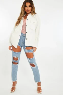 Rebellious Fashion White Pocket Oversized Brushed Shacket - Caley