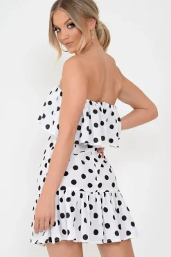 Rebellious Fashion White Polka Dot Bardot Frill Dress - Izadora