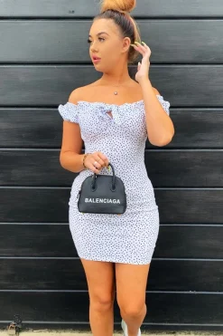 Rebellious Fashion White Polka Dot Bow Detail Milkmaid Mini Dress - Galena