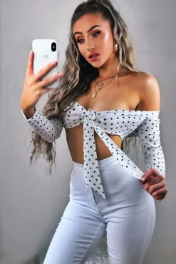 Rebellious Fashion White Polka Dot Crop Tie Top - Abeer