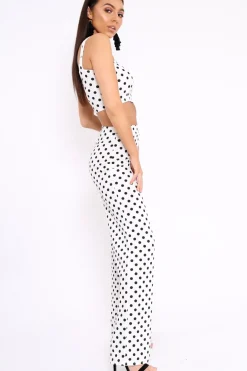 Rebellious Fashion White Polka Dot Crop Top and Trousers Co-ord Set - Kimmy