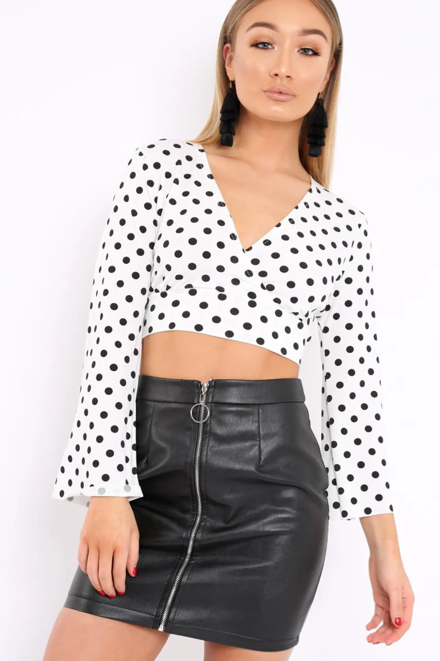 Rebellious Fashion White Polka Dot Flare Sleeve Crop Top - Eshe
