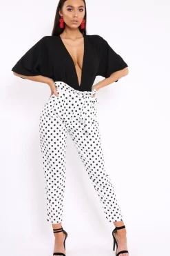 Rebellious Fashion White Polka Dot Paper Bag Tie Waist Cigarette Trousers - Karmen
