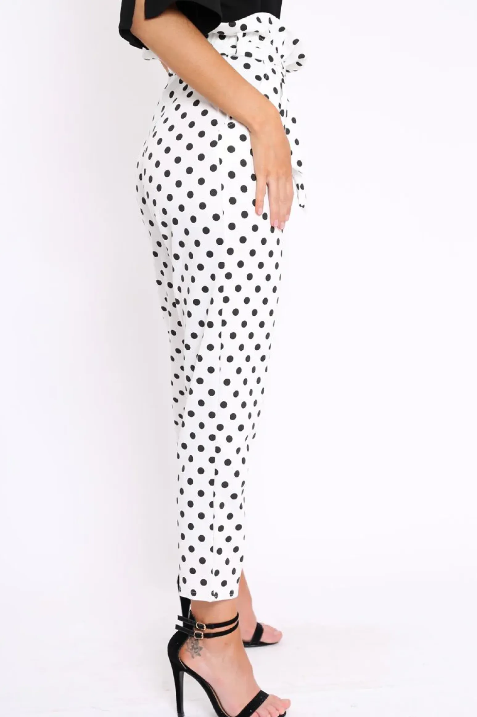 Rebellious Fashion White Polka Dot Paper Bag Tie Waist Cigarette Trousers - Karmen