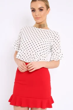 Rebellious Fashion White Polka Dot Ruffle Crop Top - Ivie