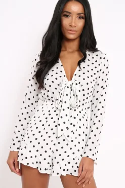 Rebellious Fashion White Polka Dot Tie Front Playsuit - Jem