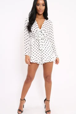 Rebellious Fashion White Polka Dot Tie Front Playsuit - Jem