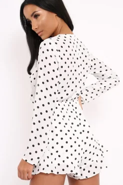 Rebellious Fashion White Polka Dot Tie Front Playsuit - Jem