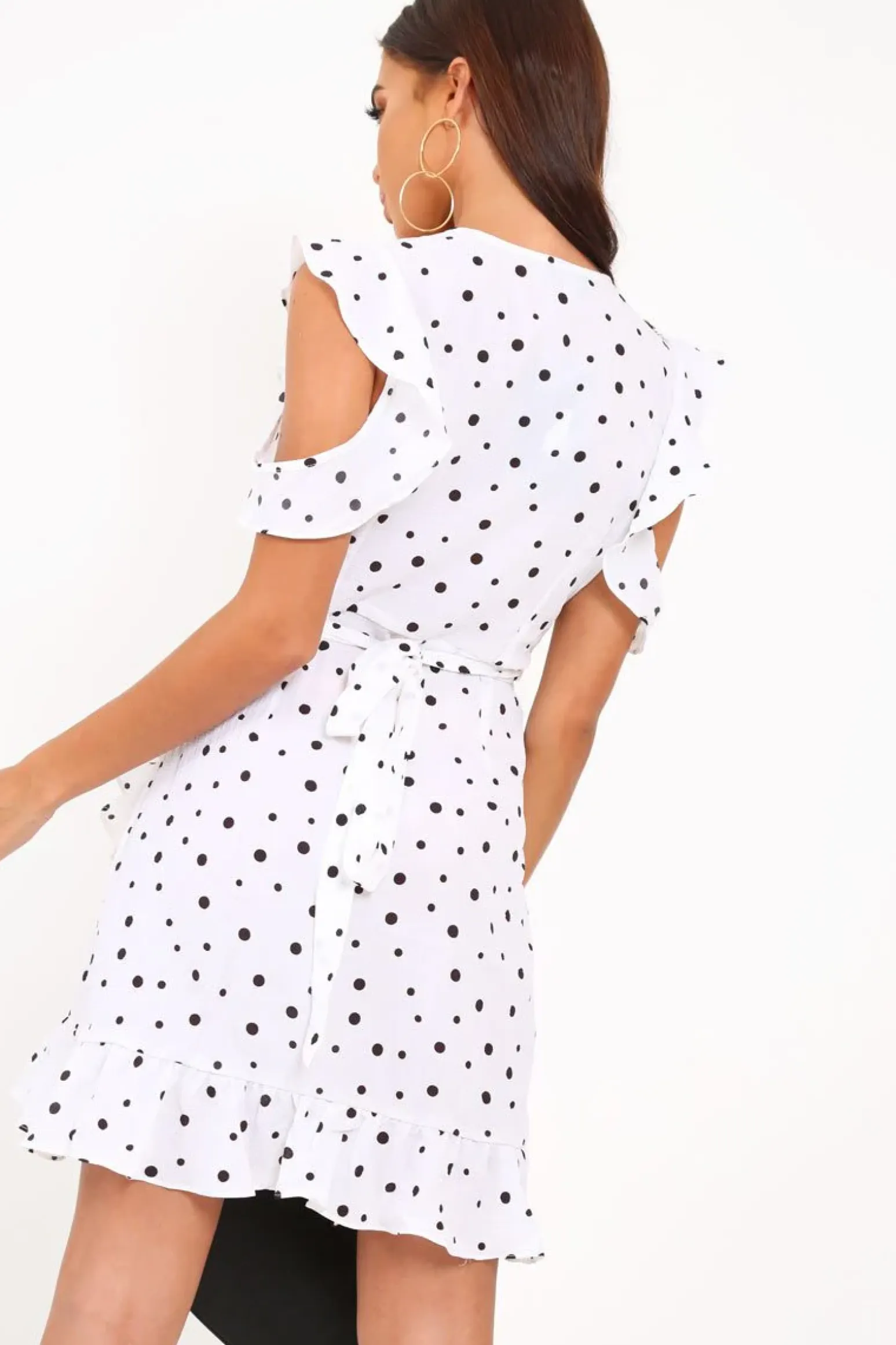 Rebellious Fashion White Polka Dot Wrap Over Frill Dress - Wisdom