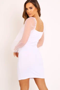 Rebellious Fashion White Polka Mesh Sleeve Ribbed Dress - Elah