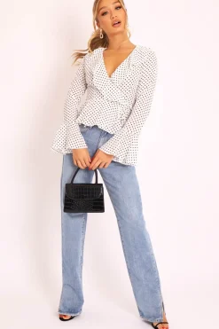 Rebellious Fashion White Polka Ruffle Wrap Blouse - Calynn