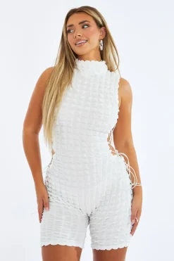 Rebellious Fashion White Puff Fabric Lace Up Playsuit - Delphi