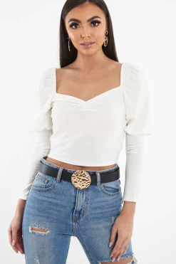 Rebellious Fashion White Puff Sleeve Sweetheart Neckline Crop Top - Tomi