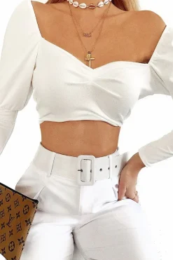 Rebellious Fashion White Puff Sleeve Sweetheart Neckline Crop Top - Tomi
