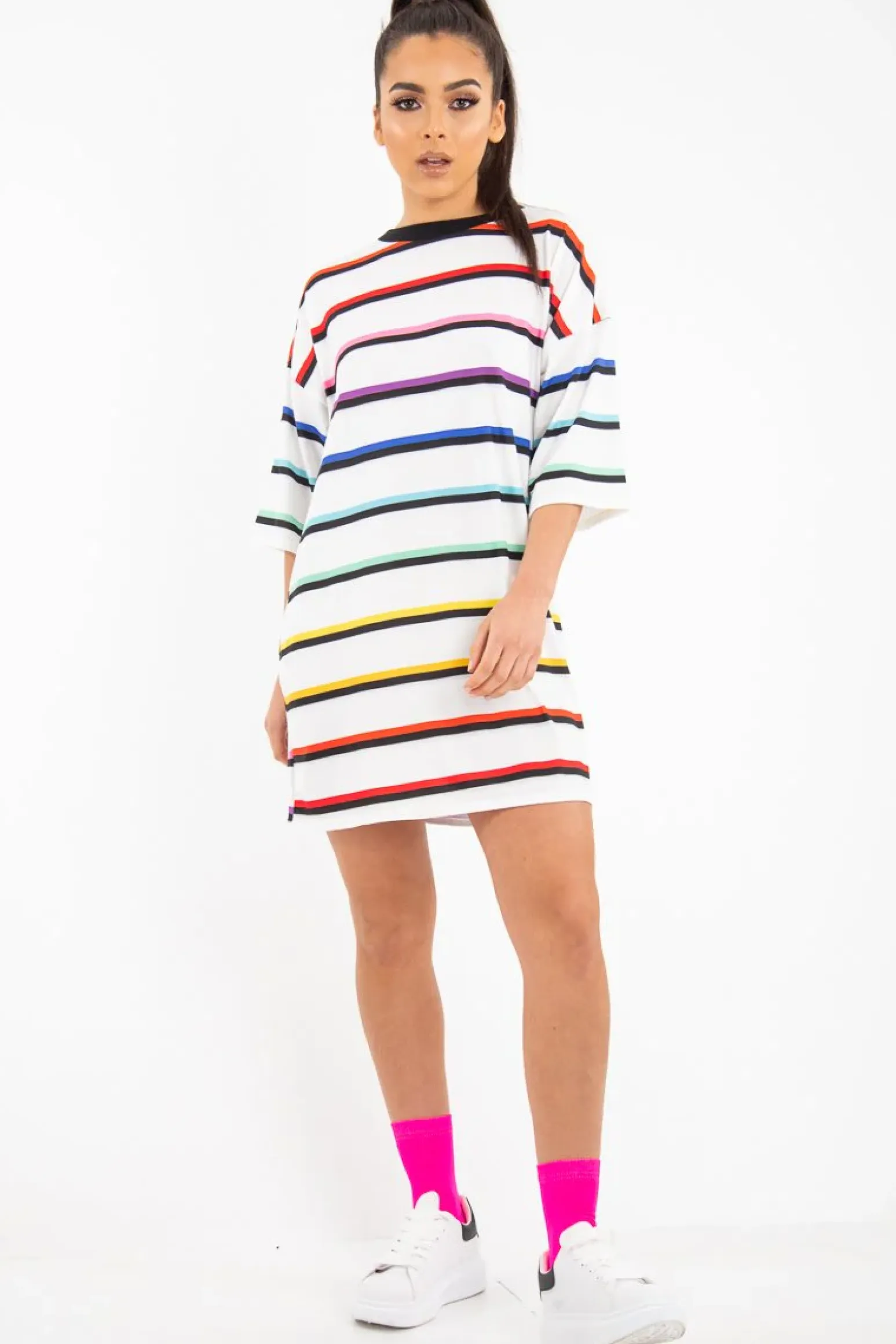 Rebellious Fashion White Rainbow Stripe Oversized T-Shirt Dress - Avriella