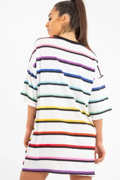 Rebellious Fashion White Rainbow Stripe Oversized T-Shirt Dress - Avriella