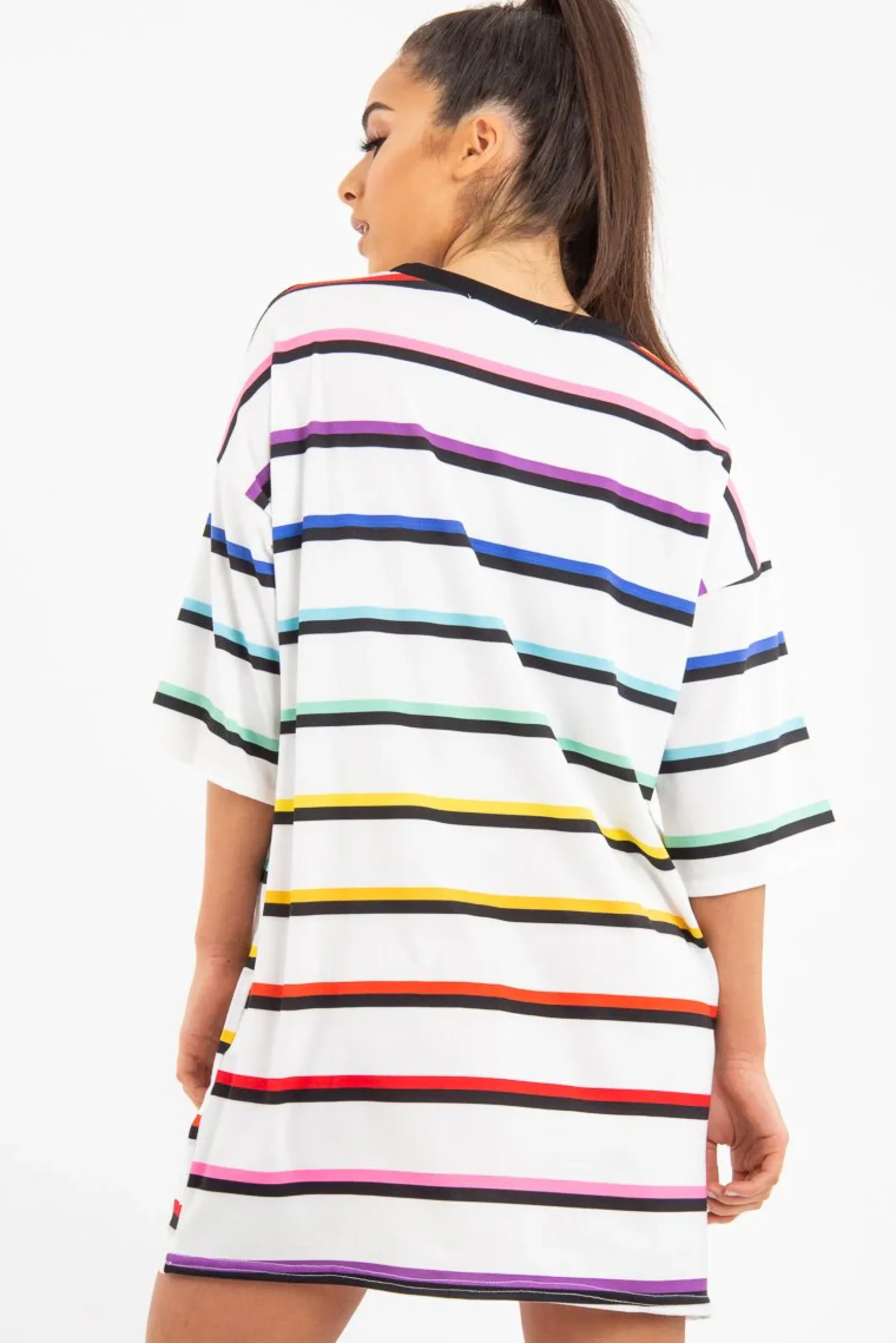Rebellious Fashion White Rainbow Stripe Oversized T-Shirt Dress - Avriella