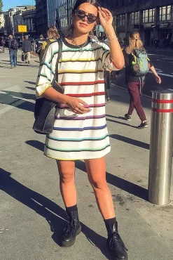 Rebellious Fashion White Rainbow Stripe Oversized T-Shirt Dress - Avriella