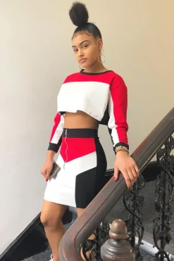 Rebellious Fashion White Red and Black Colour Block Crop Top and Skirt Co-ord - Dyana